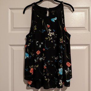 Woman's Black Floral Sleeveless Swing Top